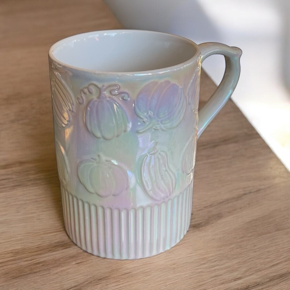 Strawberry Street Artisan Collection-Iridescent White with 3D Pumpkin Designs.